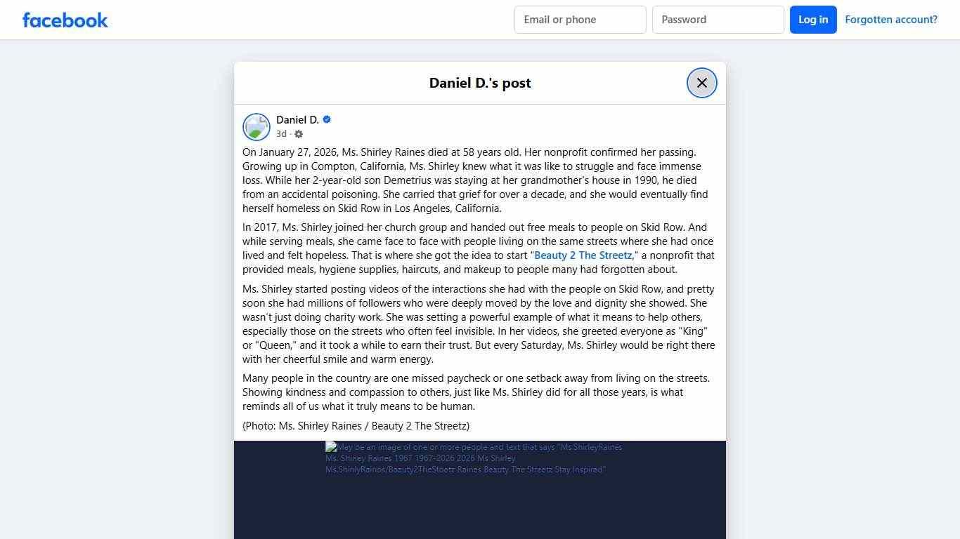 Daniel D. - On January 27, 2026, Ms. Shirley Raines died... Facebook
